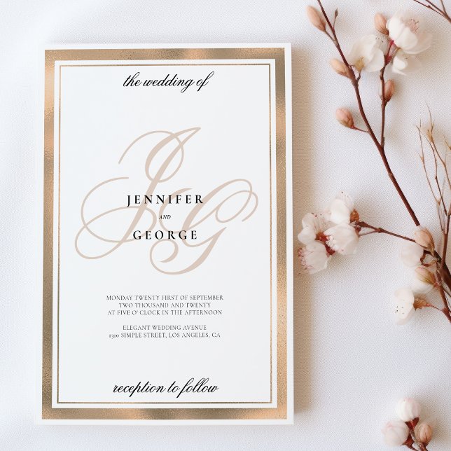 Convite Casamento de monograma de rosa branca Elegante (Elegant white rose gold monogram initials wedding)