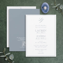 Convite Casamento de Monograma de Script Azul com Dusty Cl
