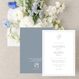 Convite Casamento de Monograma de Script Azul com Dusty Cl
