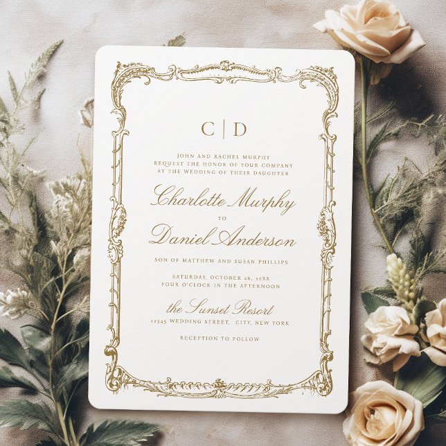 Convite Casamento de Monograma de Script Clássico de Quadr (Gold Vintage Frame Classic Script Monogram Wedding Invitation)