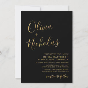 Convite Casamento de Monograma de Script Dourado e Preto M