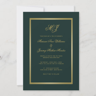 Convite Casamento de Monograma de Script Dourado Verde Ele