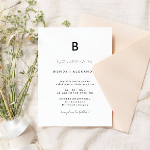 Convite Casamento de Monograma de Script Moderno Branco
