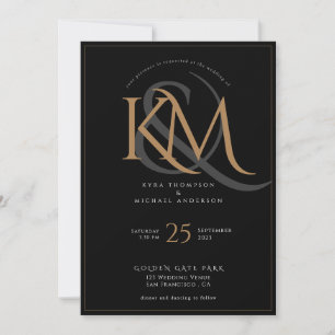Convite Casamento de Monograma de Script Moderno Dourado N
