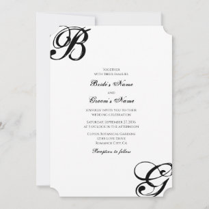 Convite Casamento de Monograma de Script Preto e Branco