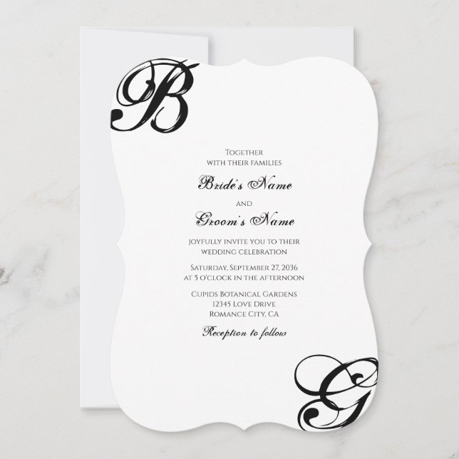 Convite Casamento de Monograma de Script Preto e Branco (Frente)