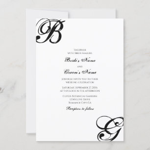 Convite Casamento de Monograma de Script Preto e Branco