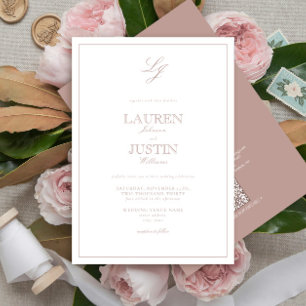 Convite Casamento de Monograma de Script Rosa com Dusty Cl