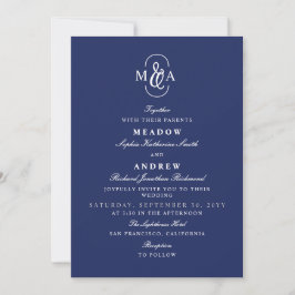 Convite Casamento de Monograma de Tipografia Elegante Azul