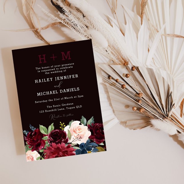 Convite Casamento De Monograma De Vinho Vermelho Burgundy (Criador carregado)