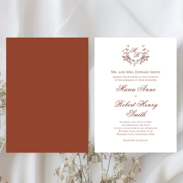 Convite Casamento de Monograma do Script de Caligrafia Bur (Elegant burgundy rust wedding invitations. )