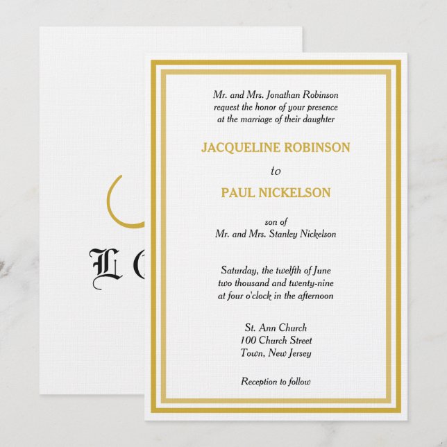 Convite Casamento de Monograma Dourado Branco (Frente/Verso)