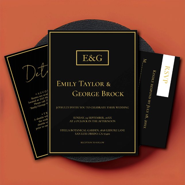 Convite Casamento De Monograma Dourado E Preto Moderno Ele (Criador carregado)