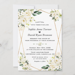 Convite Casamento de Monograma Dourado Flores Brancas Char