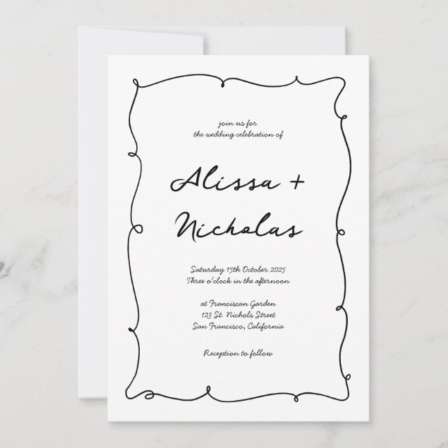 Convite Casamento de Monograma e Borda Desenhada de Mão On (Frente)