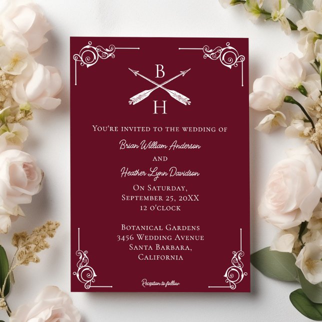Convite Casamento de Monograma e Setas de Vinho Vermelho (Wine Red Monogram and Arrows Wedding Invitation)