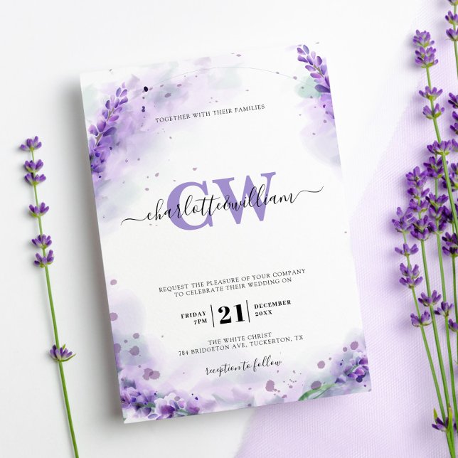 Convite Casamento de Monograma Elegante de lavanda (Criador carregado)