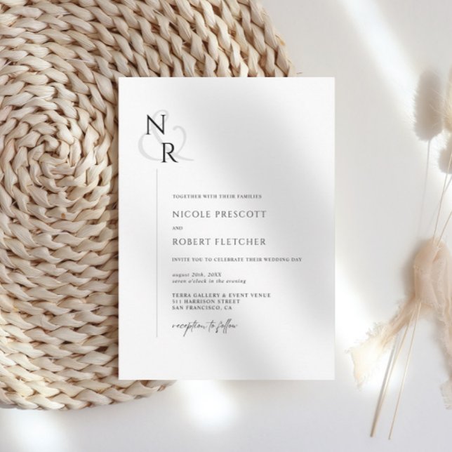 Convite Casamento de Monograma Elegante Moderno Negro e Br (Criador carregado)