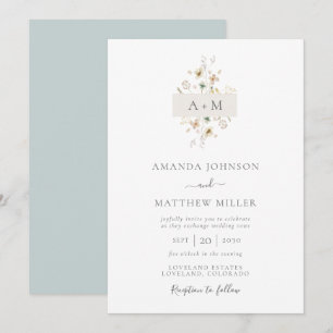 Convite Casamento de Monograma Floral com Aquarela Azul Mi