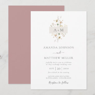 Convite Casamento de Monograma Floral com Aquarela Mauve M