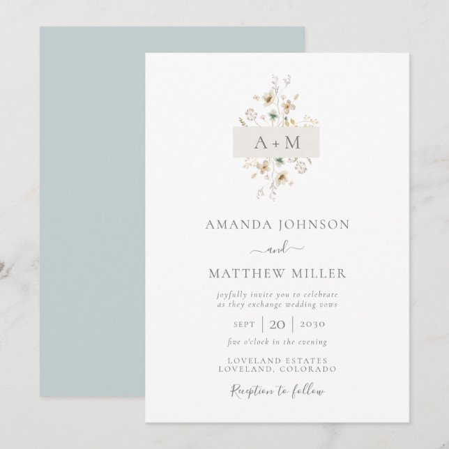 Convite Casamento de Monograma Floral com Cor Azul Mínima (Frente/Verso)