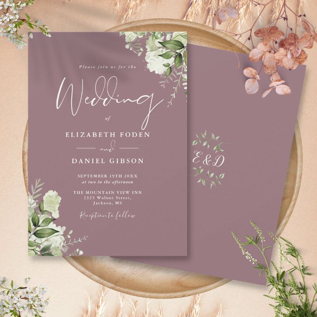 Convite Casamento de Monograma Floral com Folhagem Roxa (Mauve Greenery Floral Monogram Wedding Invitation)