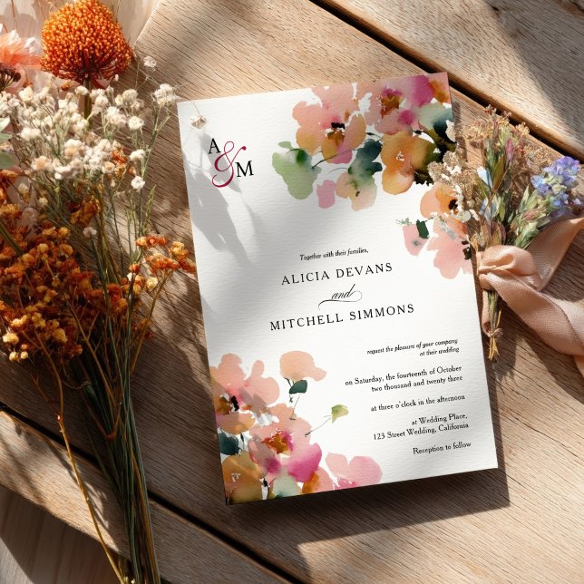 Convite Casamento de Monograma Floral de Abstrato de outon (Elegant Abstract Autumn Floral Monogram Wedding Invitation)