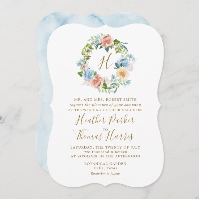 Convite Casamento de Monograma Floral de Cor Azul Elegante (Frente/Verso)