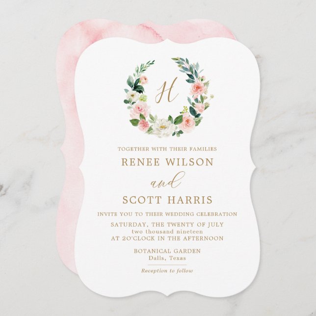 Convite Casamento de Monograma Floral de Cor de Água Blush (Frente/Verso)