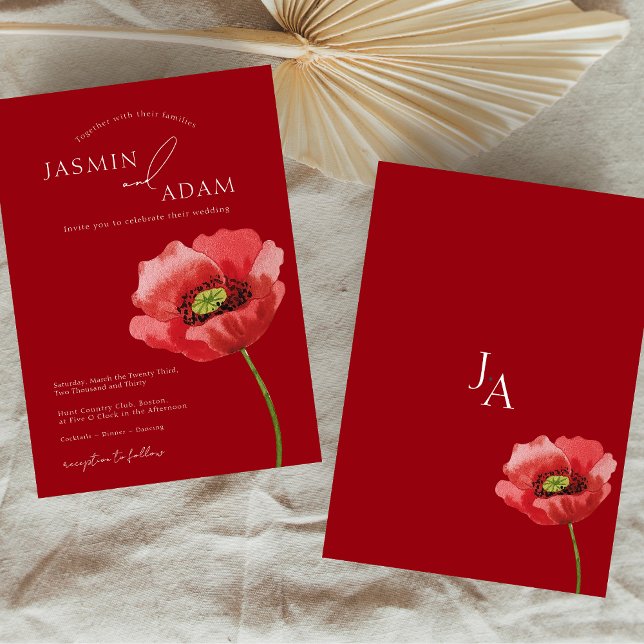 Convite Casamento de Monograma Floral de Crimson Red Poppy (Crimson Red Poppy Floral Monogram Wedding Invitation)