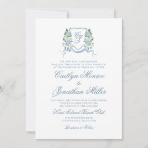 Convite Casamento de Monograma Floral em Aquarela Azul Des
