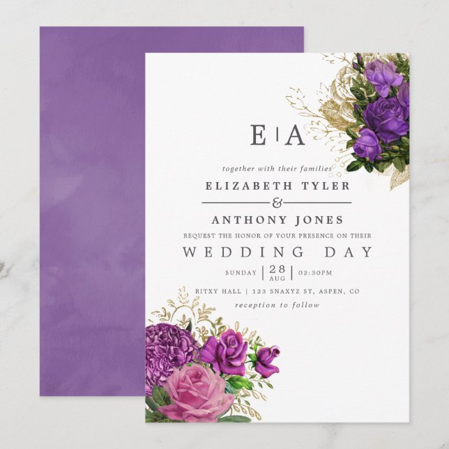 Convite Casamento de Monograma Floral, Púrpura e Dourada, (Frente/Verso)