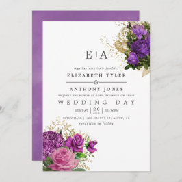 Convite Casamento de Monograma Floral, Púrpura e Dourada,