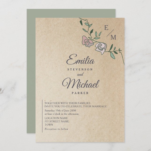 Convite Casamento de Monograma Floral Rustic Kraft (Frente/Verso)