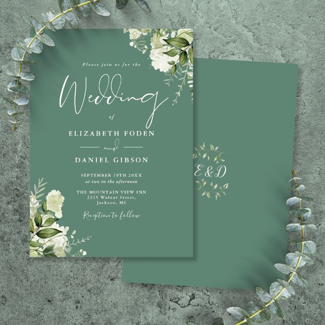 Convite Casamento de Monograma Floral Verde de Eucalipto (Eucalyptus Green Floral Monogram Wedding Invitation)