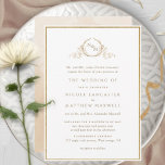 Convite Casamento de Monograma Formal Dourado e Beige Wate<br><div class="desc">Aprecie amigos e família com este elegante convite de casamento mostrando um belo monograma botânico de folha desenhada com noiva e iniciais de noivo. Monograma e texto em ouros. O convite à frente foi aparado com fina estrutura fina de folha de ouro, enquanto o convite apresenta as costas com uma...</div>