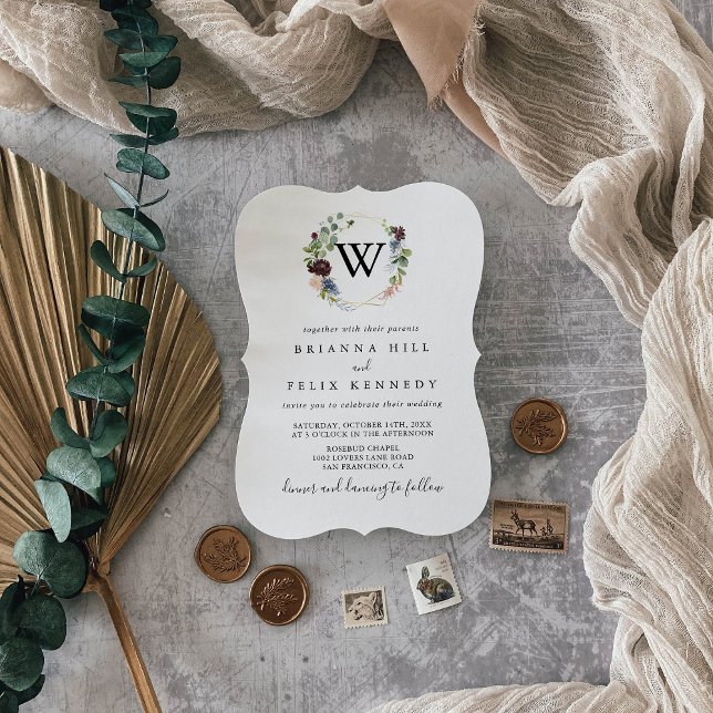 Convite Casamento de Monograma Geométrico Dourado Burgundy (Criador carregado)