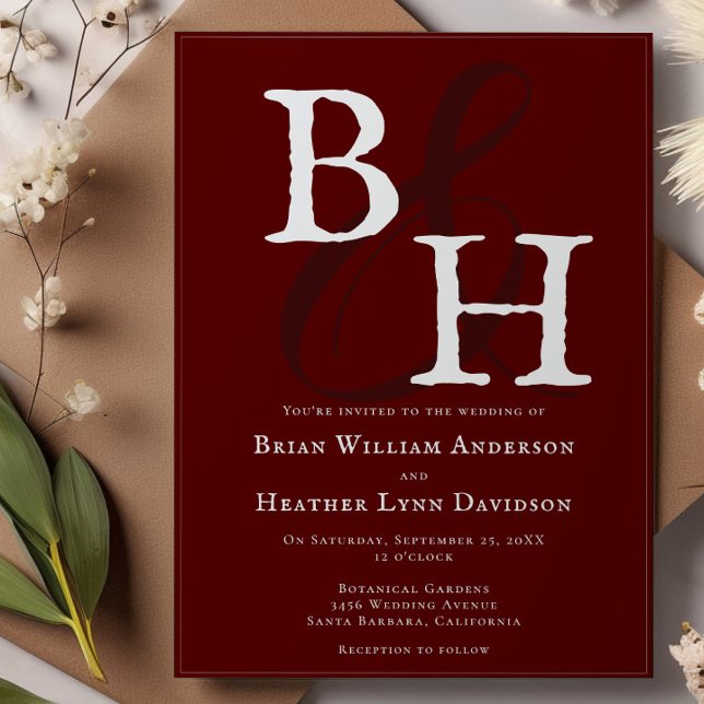 Convite Casamento de Monograma Minimalista Vermelho (Red Minimalist Monogram Wedding Invitation)