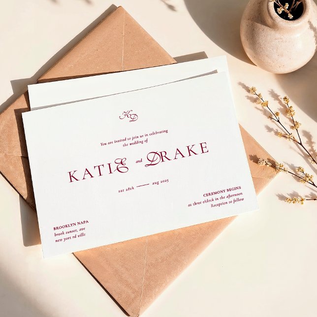 Convite Casamento de Monograma Mínimo Script Burgundy Prof (Criador carregado)
