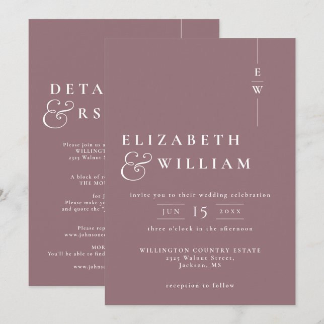 Convite Casamento de Monograma Moderno Rosa Tudo Em Um (Frente/Verso)