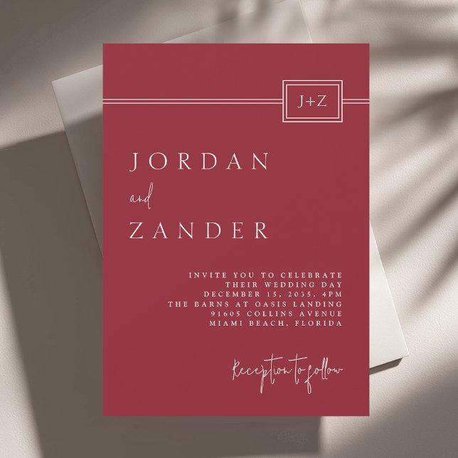 Convite Casamento de Monograma Moderno Vermelho Minimalist (Criador carregado)