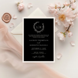 Convite Casamento de Monograma Preto e Branco Tradicional 