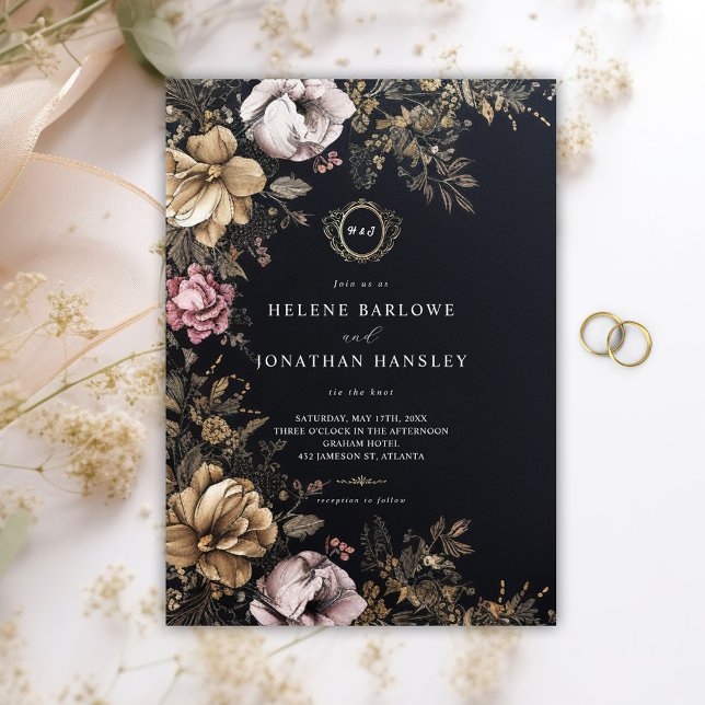 Convite Casamento de Monograma Preto-Gótico Floral (Floral Gothic Black Monogram Wedding Invitation)