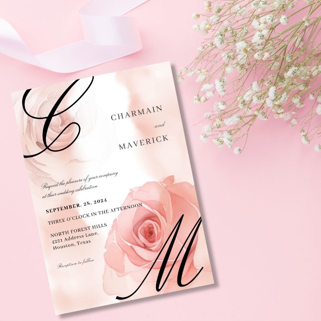 Convite Casamento de Monograma Rosa-Rosa-Blush Mist Elegan (Criador carregado)