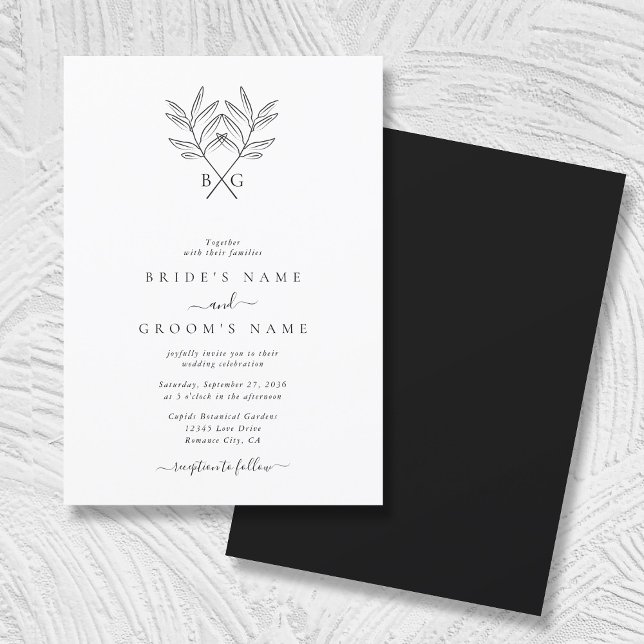 Convite Casamento de Monograma Russo Botânico Minimalista (Minimalist Botanical Rustic Monogram Wedding Invitation)