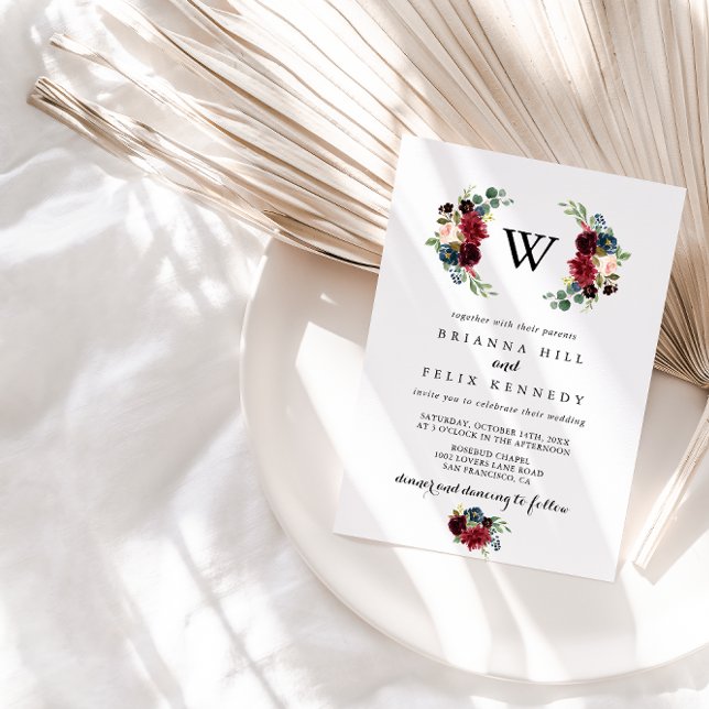 Convite Casamento de Monograma Rustic Burgundy (Criador carregado)