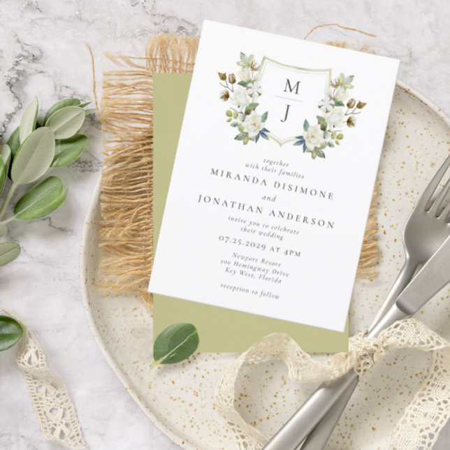 Convite Casamento de Monograma Verde de Crest Floral Elega (Criador carregado)