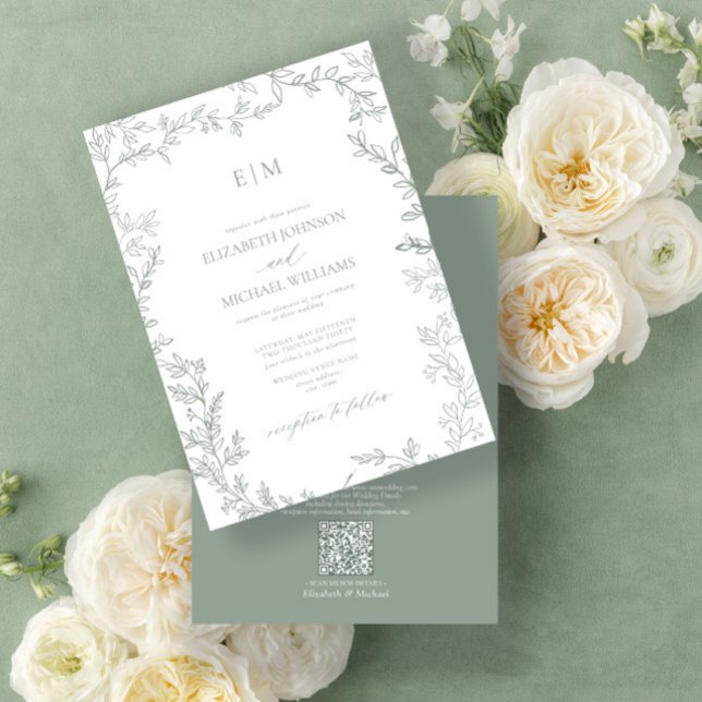 Convite Casamento de Monograma Verde Elegante Folha de Cód (Easily personalize this bestselling sage green invitation for the perfect wedding!)