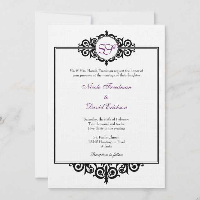 Convite Casamento de monograma vitoriano-branco-preto (Frente)