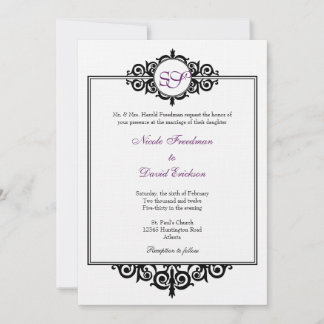 Convite Casamento de monograma vitoriano-branco-preto